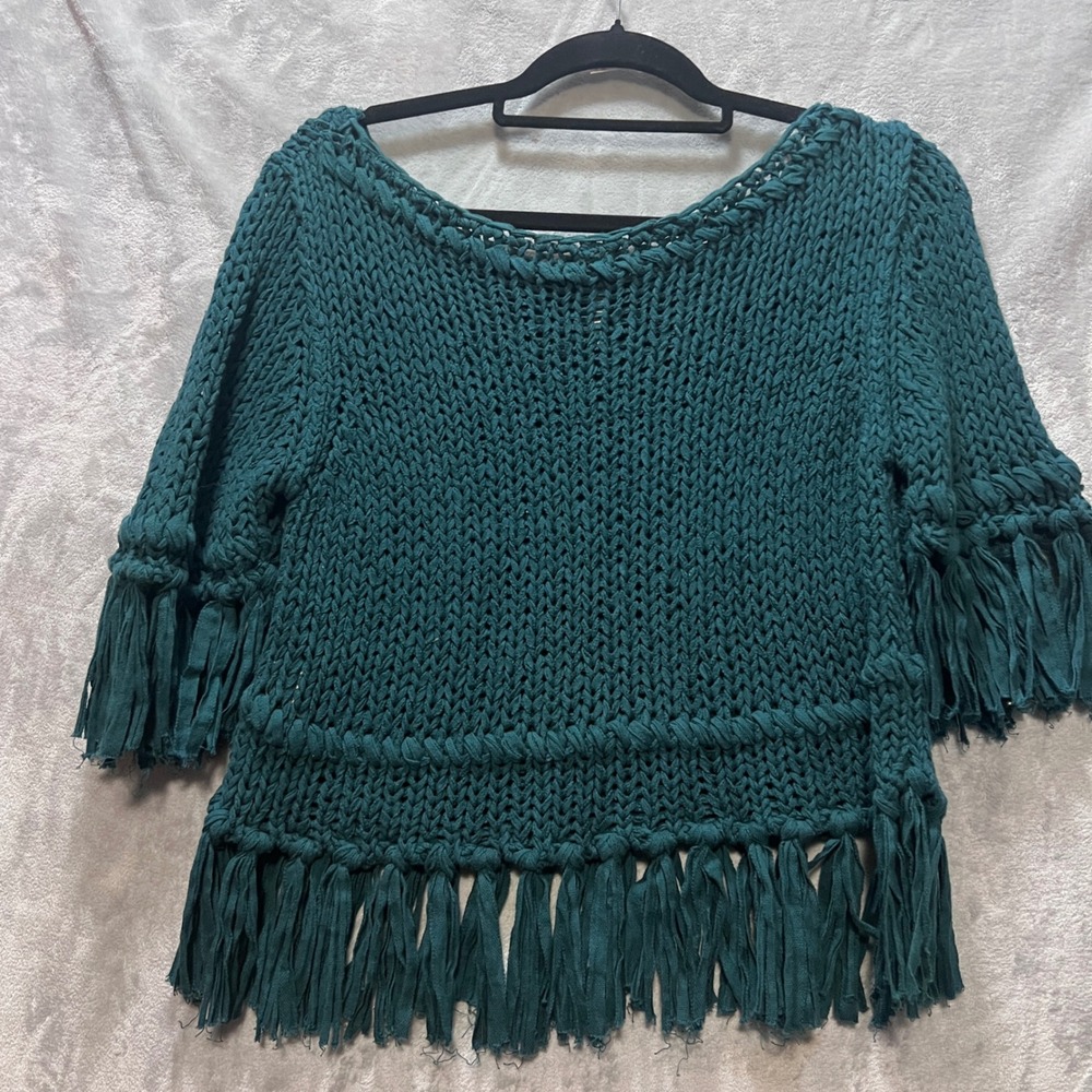 Free People Boho Teal Green Chunky Knit Fringe Sweater Boho Scoop Neck Size S - Picture 6 of 7